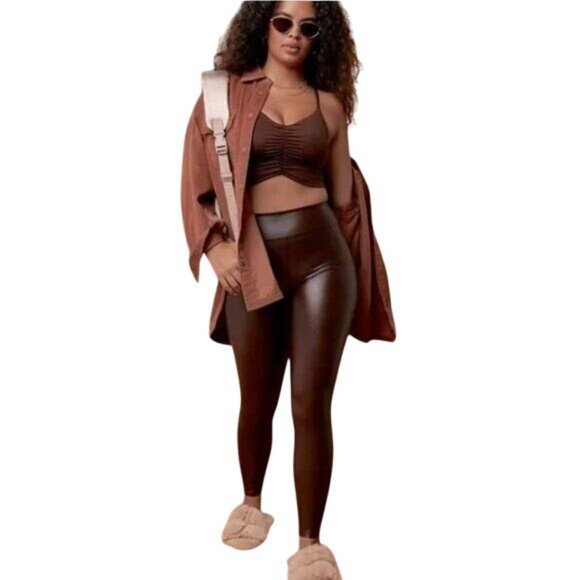 aerie Pants - Offline By Aerie High Rise Faux Leather Leggings Size Small Pull On Brown Sporty